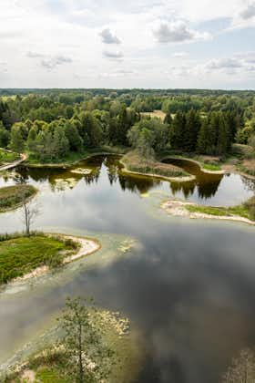 View from the top of Kirkilai observation tower with trees and karst lakes on a summer day in Lithuania near the city Birzai (Biržai)