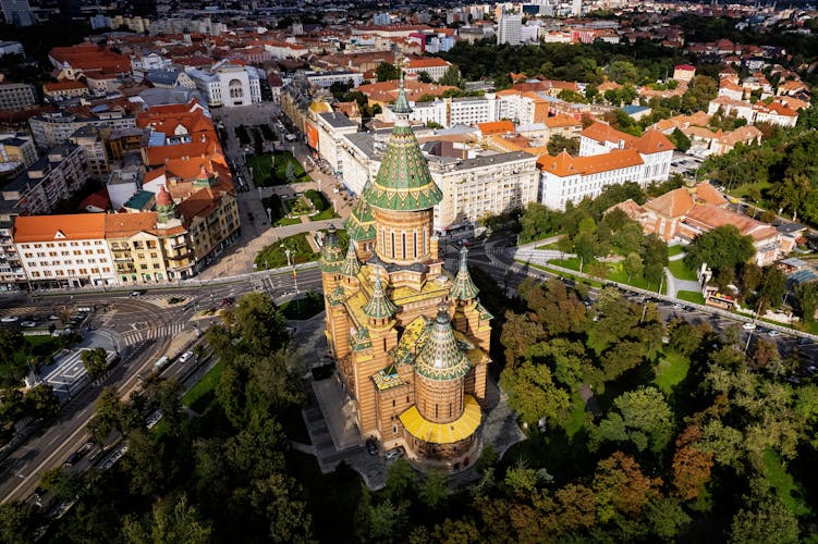 Aerial view of the Mitropolitan Cathedral of Timisoara in Romania.