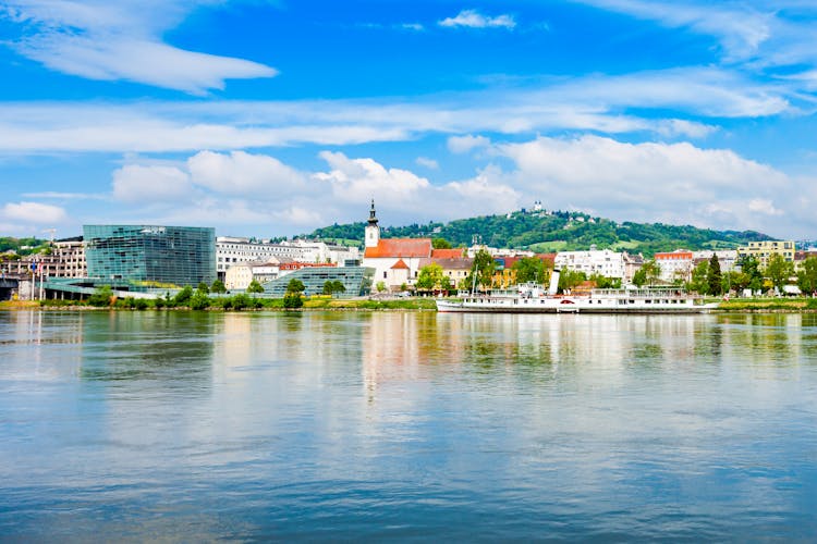 Photo of Linz city centre and Danube river in Austria.