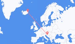 航班从克罗地亚萨格勒布市到埃伊尔斯塔济市，冰岛塞尔