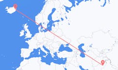 航班从巴基斯坦木尔坦市到埃伊尔斯塔济市，冰岛塞尔