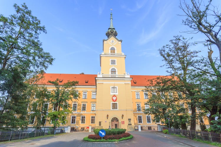 Photo of historic Lubomirski Castle, main entrance with tower.