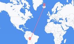 航班从玻利维亚圣克鲁斯市到阿克雷里市，冰岛塞尔