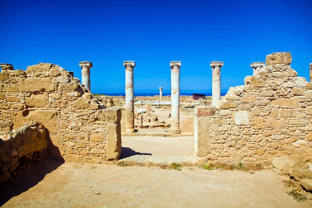 Photo of Saranta Kolones or Forty Columns castle is a ruined medieval fortress inside the Paphos Archaeological Park on Cyprus.
