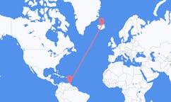 航班从特立尼达和多巴哥西班牙港市到阿克雷里市，冰岛塞尔