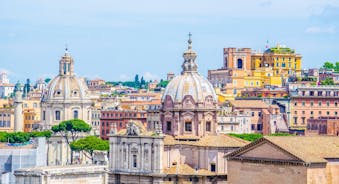 Aerial panoramic cityscape of Rome, Italy, Europe. Roma is the capital of Italy. Cityscape of Rome in summer. Rome roofs view with ancient architecture in Italy. 