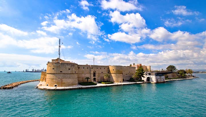 Aragonese Castle of Taranto and revolving bridge on the channel between big and small sea, Puglia, Italy.