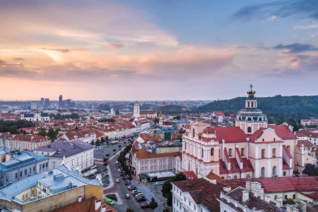 Aerial evening view of Vilnius old town panorama and Church of St. Casimir in front in Vilnius, Lithuania.