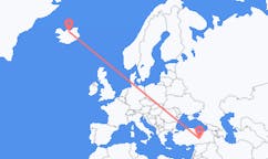 航班从土耳其马拉蒂亚市到阿克雷里市，冰岛塞尔