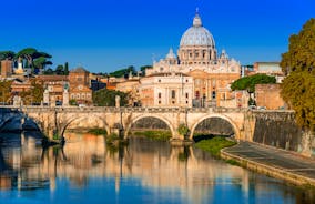 Aerial panoramic cityscape of Rome, Italy, Europe. Roma is the capital of Italy. Cityscape of Rome in summer. Rome roofs view with ancient architecture in Italy. 