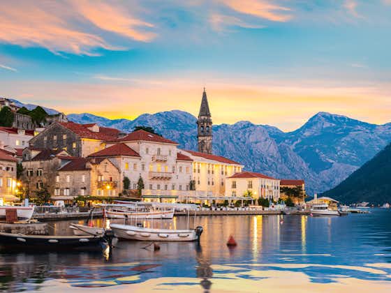 Historic city of Perast in the Bay of Kotor in summer at sunset.