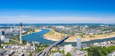 Photo of aerial view of the city ,Rheinturm and Media Harbour district in Dusseldorf city in Germany.