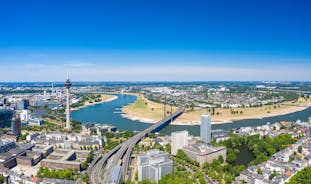Photo of aerial view of the city ,Rheinturm and Media Harbour district in Dusseldorf city in Germany.
