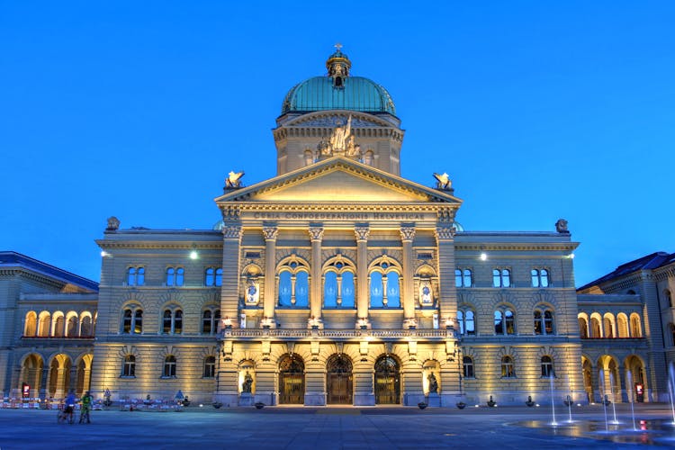 Photo of night image of the Federal Palace in Bern, Switzerland.