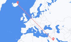 航班从沙特阿拉伯盖西姆省市到埃伊尔斯塔济市，冰岛塞尔