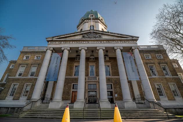 Photo of front view of the historical Imperial War Museum in London, England.