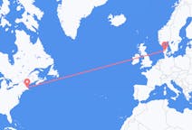 米国のボストンから、デンマークのカルプまでのフライト