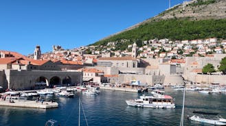 Photo of panoramic aerial view of the old town of Dubrovnik, Croatia seen from Bosanka viewpoint on the shores of the Adriatic Sea in the Mediterranean Sea.
