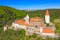 Photo of aerial view of castle Krivoklat in Czech republic.