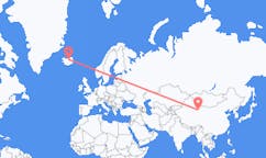 Fly fra byen Dunhuang, Kina til byen Akureyri, Island