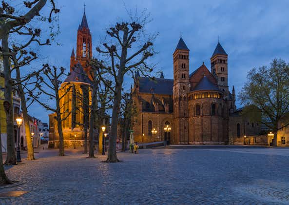 photo of night view of Basilica of Saint Servatius in Maastricht, Netherlands.