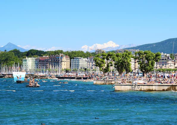Photo of Bains des Paquis during summertime at the lake of Geneva, Geneva city, Switzerland.
