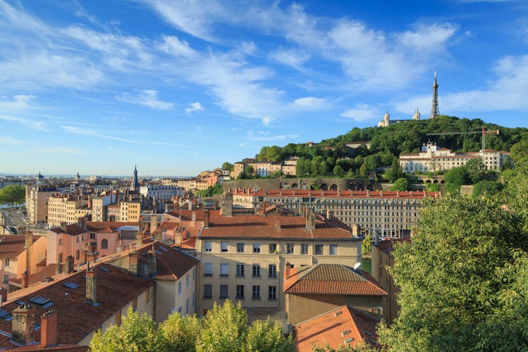 Photo of summer view over Vieux Lyon, with famous cathedral Fourviere, and Croix Rousse in Lyon, France.