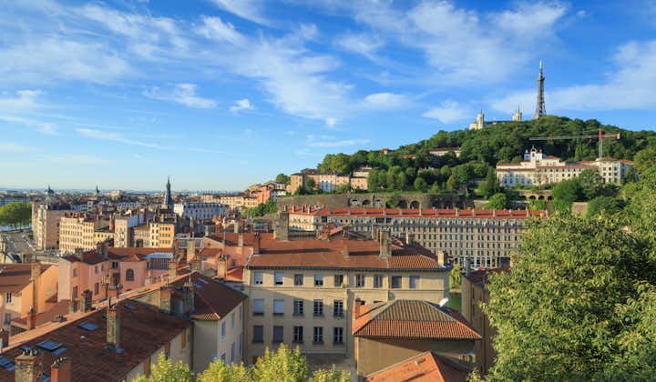 Photo of summer view over Vieux Lyon, with famous cathedral Fourviere, and Croix Rousse in Lyon, France.