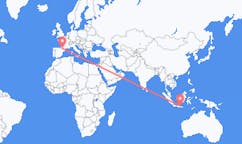 Flyg från Surabaya, Indonesien till Lourdes (kommun i Brasilien, São Paulo, lat -20,94, long -50,24), Frankrike