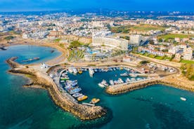 Photo of panoramic aerial view of Kalamis beach and bay in the city of Protaras, Cyprus.