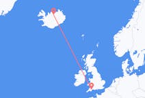 アイスランドのアークレイリから、イングランドのエクセターまでのフライト