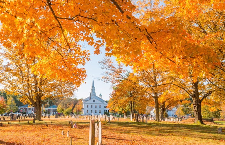 Photo of golden autumn in Hanover, Massachusetts cemetery.
