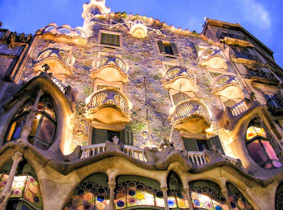 Photo of Casa Batllo Facade at night. The famous building designed by Antoni Gaudi is one of the major touristic attractions in Barcelona.