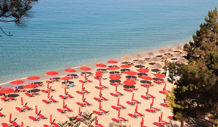 Photo of 'Makris Gialos' and 'Platis Gialos' beach at Argostoli of Kefalonia island in Greece.