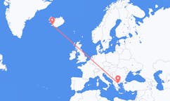 航班从希腊塞萨洛尼基市到雷克雅维克市，冰岛塞尔