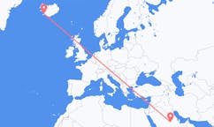 航班从沙特阿拉伯利雅德市到雷克雅维克市，冰岛塞尔