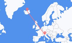 航班从意大利帕尔马市到阿克雷里市，冰岛塞尔