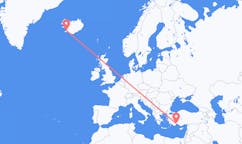 Fly fra byen Reykjavik, Island til byen Antalya, Tyrkiet