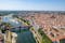Photo of aerial view of Pavia and the Ticino, Cathedral of Pavia and Covered Bridge, Italy.