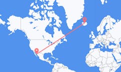 航班从墨西哥奥夫雷贡城市到阿克雷里市，冰岛塞尔