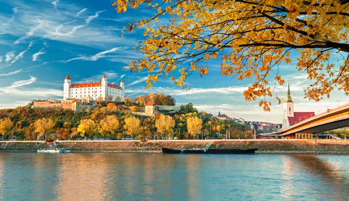 Photo of Bratislava castle, Danube river and Bratislava old town autumn view, Slovakia.
