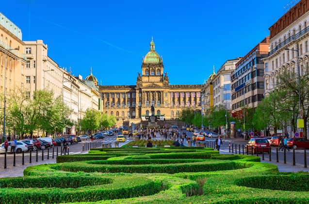 Photo of Wenceslas square and National Museum in Prague, Czech Republic.