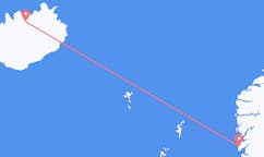 Fly fra byen Haugesund til byen Akureyri