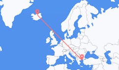 航班从希腊莱姆诺斯市到阿克雷里市，冰岛塞尔