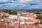 Photo of aerial view of Alcobaca Monastery and the city in Alcobaca, Portugal.