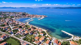 Photo of adriatic village of Bibinje harbor and waterfront panoramic view, Croatia.
