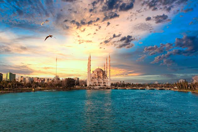 Photo of Sabanci Central Mosque, Old Clock Tower and Stone Bridge in Adana.