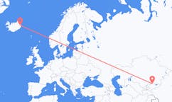 航班从吉尔吉斯斯坦比什凯克市到埃伊尔斯塔济市，冰岛塞尔