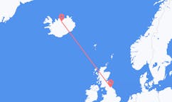 Flights from the city of Durham, England to the city of Akureyri