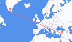 Flyrejser fra Gaziantep, Tyrkiet til Qaqortoq, Grønland